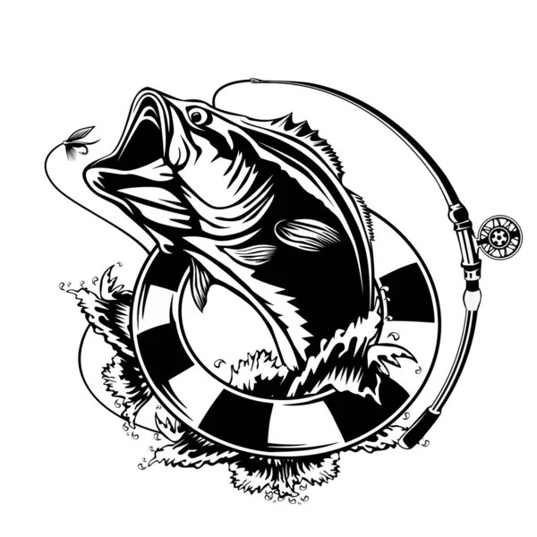 Logo Pesca Pesce Basso Con Stemma Bastone Club Pesca Tema — Vettoriale Stock