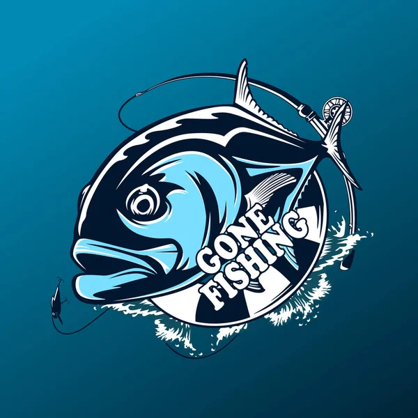 Fishing emblem of  permit isolated on white. Bone fish logo in blue colours. Ocean theme background.