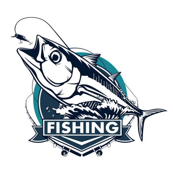 Ton balığı beyaz logo resim üzerinde büyük balıkçı. Balıkçılık kulüpler, baskı, web ve diğer el sanatları için logo ve amblem oluşturmak için vektör çizim kullanılabilir.