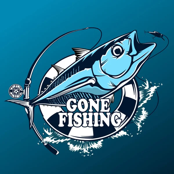 Ton balığı beyaz logo resim üzerinde büyük balıkçı. Balıkçılık kulüpler, baskı, web ve diğer el sanatları için logo ve amblem oluşturmak için vektör çizim kullanılabilir.