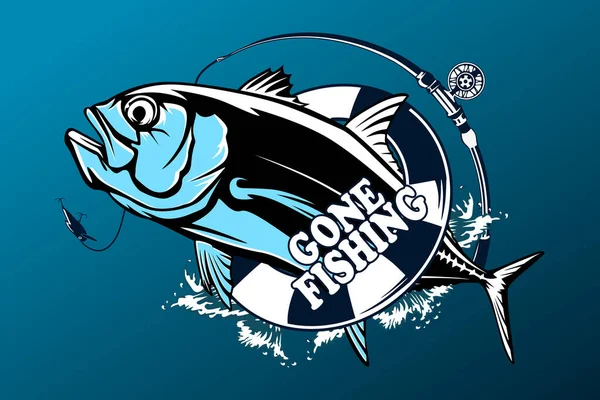 Fishing emblem of  permit isolated on white. Bone fish logo in blue colours. Ocean theme background.