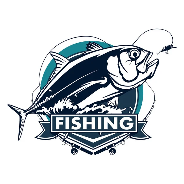 Fishing emblem of  permit isolated on white. Bone fish logo in blue colours. Ocean theme background.