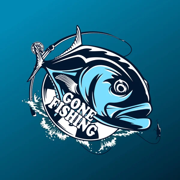 Fishing emblem of  permit isolated on white. Bone fish logo in blue colours. Ocean theme background.