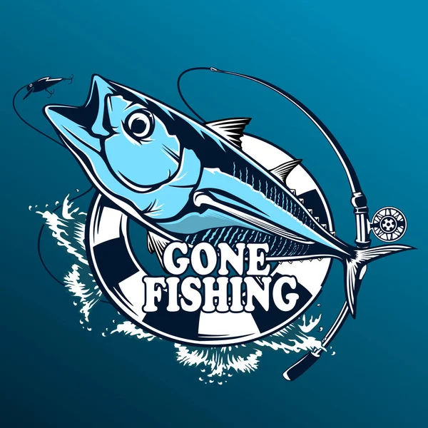 Ton balığı beyaz logo resim üzerinde büyük balıkçı. Balıkçılık kulüpler, baskı, web ve diğer el sanatları için logo ve amblem oluşturmak için vektör çizim kullanılabilir.