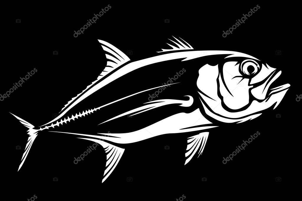 Fishing emblem of  permit isolated on white. Bone fish logo in blue colours. Ocean theme background.