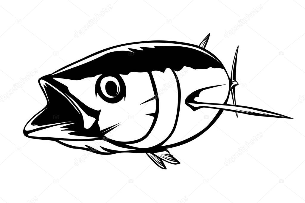 Tuna big fishing on white logo illustration. Vector illustration can be used for creating logo and emblem for fishing clubs, prints, web and other crafts.