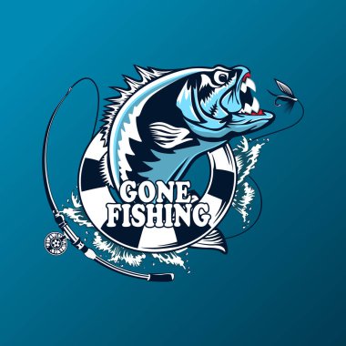 Balık tutma logosunu görmeniz gerekir. Bas çubuk Kulübü amblemi ile balık. Balık tutma Tema illüstrasyon. Beyaz izole.