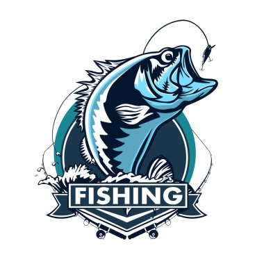 Balık tutma logosunu görmeniz gerekir. Bas çubuk Kulübü amblemi ile balık. Balık tutma Tema illüstrasyon. Beyaz izole.