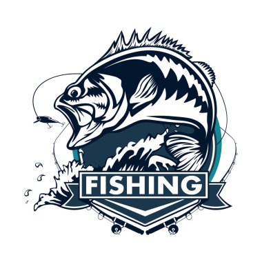 Balık tutma logosunu görmeniz gerekir. Bas çubuk Kulübü amblemi ile balık. Balık tutma Tema illüstrasyon. Beyaz izole.