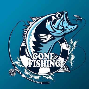 Balık tutma logosunu görmeniz gerekir. Bas çubuk Kulübü amblemi ile balık. Balık tutma Tema illüstrasyon. Beyaz izole.