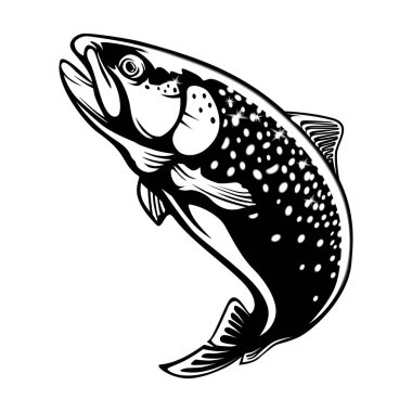 Gökkuşağı alabalığı su dışarı atlama. Beyaz arka plan üzerinde izole somon balığı. Konsept Sanat Astroloji, dövme veya boyama kitabı.