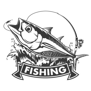 Ton balığı beyaz logo resim üzerinde büyük balıkçı. Balıkçılık kulüpler, baskı, web ve diğer el sanatları için logo ve amblem oluşturmak için vektör çizim kullanılabilir.