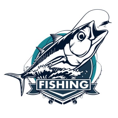 Ton balığı beyaz logo resim üzerinde büyük balıkçı. Balıkçılık kulüpler, baskı, web ve diğer el sanatları için logo ve amblem oluşturmak için vektör çizim kullanılabilir.
