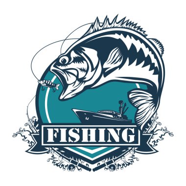 Fishing bass logo. Bass fish with rod club emblem. Fishing theme illustration. Fish Isolated on white.