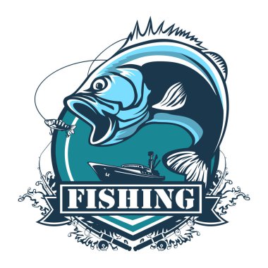 Fishing bass logo. Bass fish with rod club emblem. Fishing theme illustration. Fish Isolated on white.