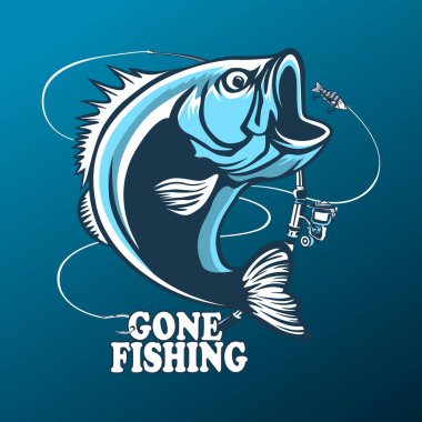 Fishing bass logo. Bass fish with rod club emblem. Fishing theme illustration. Fish Isolated on white.
