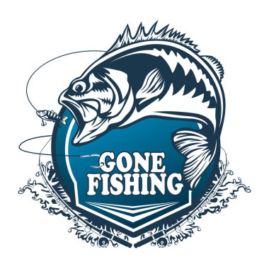 Fishing bass logo. Bass fish with rod club emblem. Fishing theme illustration. Fish Isolated on white.