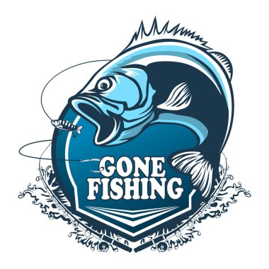 Fishing bass logo. Bass fish with rod club emblem. Fishing theme illustration. Fish Isolated on white.