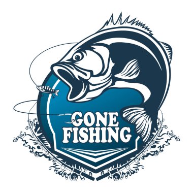Fishing bass logo. Bass fish with rod club emblem. Fishing theme illustration. Fish Isolated on white.