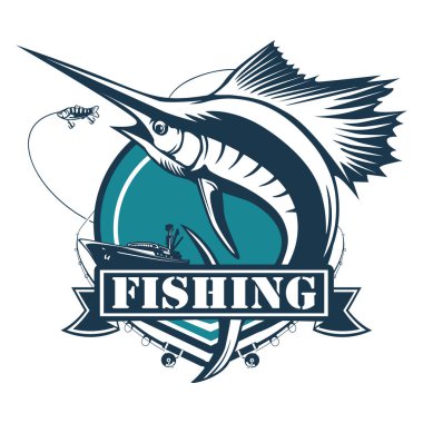 Marlin fish logo.Sword fish fishing emblem for sport club. Angry marlin fishing background theme vector illustration.