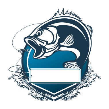 Fishing bass logo. Bass fish with rod club emblem. Fishing theme illustration. Fish Isolated on white.