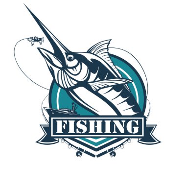 Marlin fish logo.Sword fish fishing emblem for sport club. Angry marlin fishing background theme vector illustration.