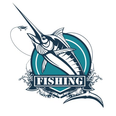 Marlin fish logo.Sword fish fishing emblem for sport club. Angry marlin fishing background theme vector illustration.