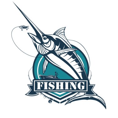 Marlin fish logo.Sword fish fishing emblem for sport club. Angry marlin fishing background theme vector illustration.
