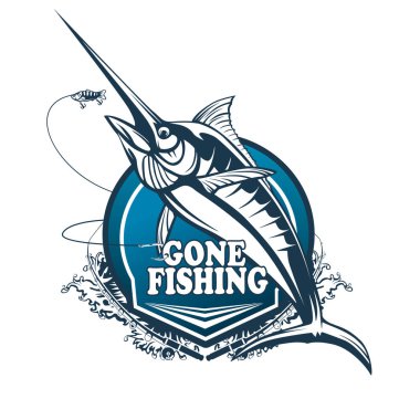 Marlin fish logo.Sword fish fishing emblem for sport club. Angry marlin fishing background theme vector illustration.