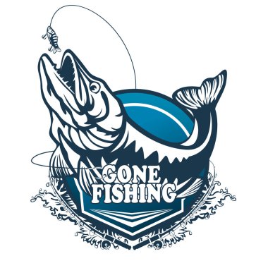 Pike fishing emblem. Pike fish logo vector. Outdoor fishing background theme. Angry fish logo.