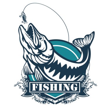 Pike fishing emblem. Pike fish logo vector. Outdoor fishing background theme. Angry fish logo.