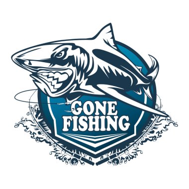 Toothy great white shark fishing logo. Strong shark fishing sports mascot emblem. Angry fish vector background.