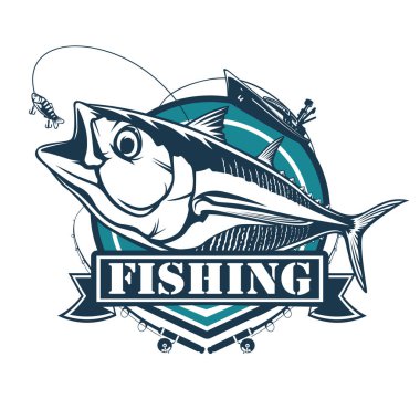 Tuna big fishing logo illustration. Tuna fish fishing vector emblem. Blue fin fish marine theme. Angry fish.