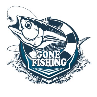 Tuna big fishing logo illustration. Tuna fish fishing vector emblem. Blue fin fish marine theme. Angry fish.