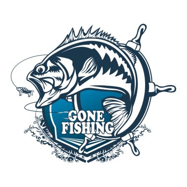 Fishing bass logo. Bass fish with rod club emblem. Fishing theme illustration. Fish Isolated on white.