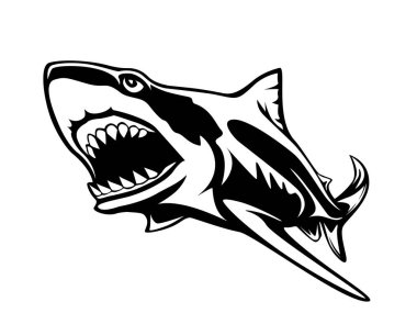 Toothy great white shark fishing logo. Strong shark fishing sports mascot emblem. Angry fish vector background.