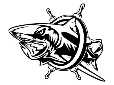 Toothy great white shark fishing logo. Strong shark fishing sports mascot emblem. Angry fish vector background.