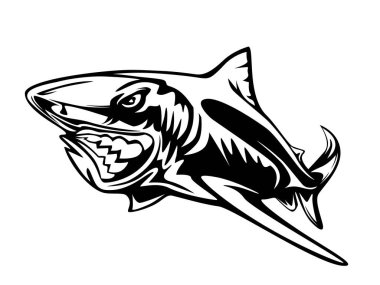 Toothy great white shark fishing logo. Strong shark fishing sports mascot emblem. Angry fish vector background.