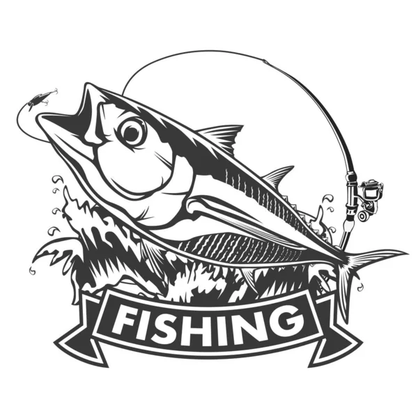 Ton balığı beyaz logo resim üzerinde büyük balıkçı. Balıkçılık kulüpler, baskı, web ve diğer el sanatları için logo ve amblem oluşturmak için vektör çizim kullanılabilir.