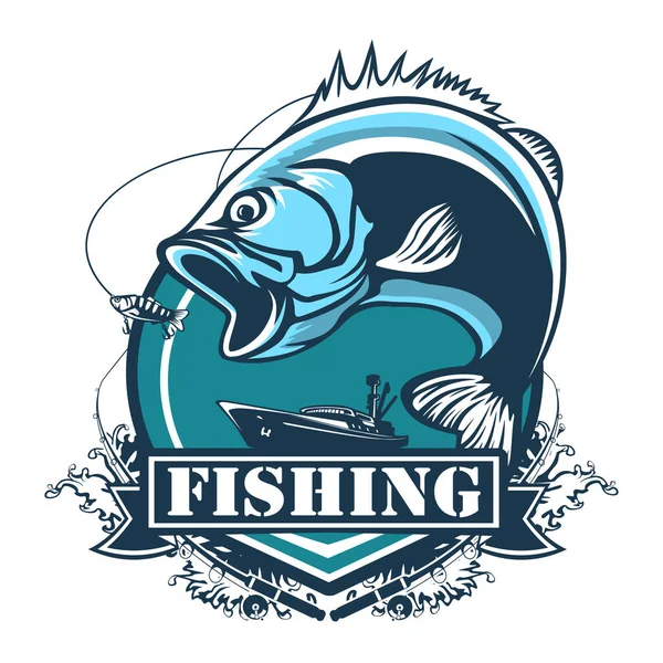 Fishing bass logo. Bass fish with rod club emblem. Fishing theme illustration. Fish Isolated on white.
