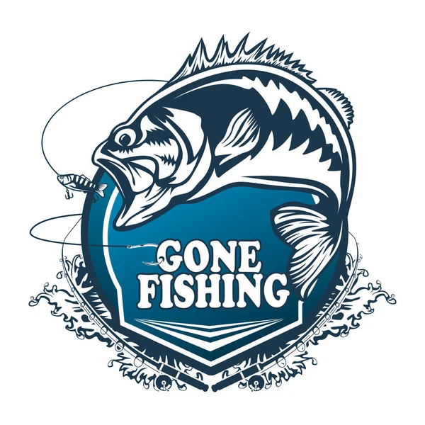 Fishing bass logo. Bass fish with rod club emblem. Fishing theme illustration. Fish Isolated on white.