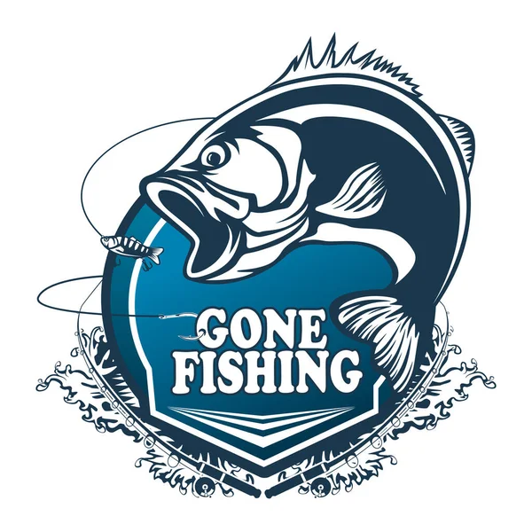 Fishing bass logo. Bass fish with rod club emblem. Fishing theme illustration. Fish Isolated on white.