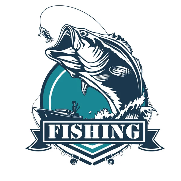 Fishing bass logo. Bass fish with rod club emblem. Fishing theme illustration. Fish Isolated on white.