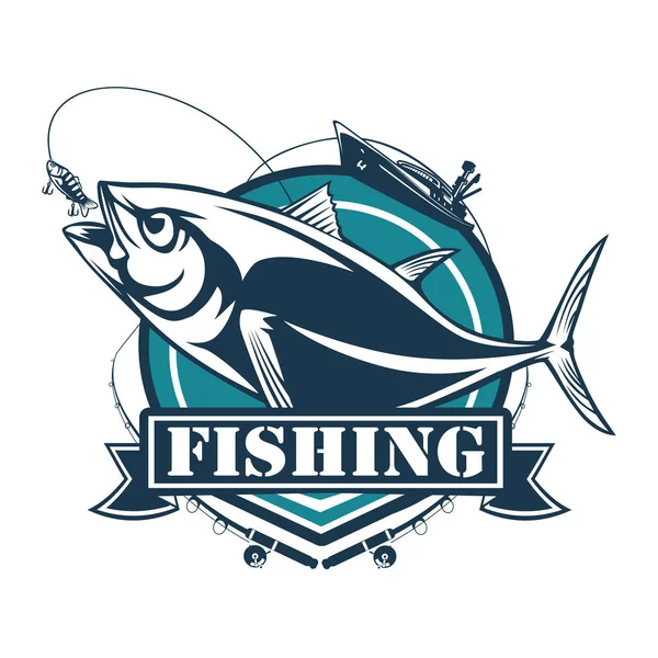 Tuna big fishing logo illustration. Tuna fish fishing vector emblem. Blue fin fish marine theme. Angry fish.