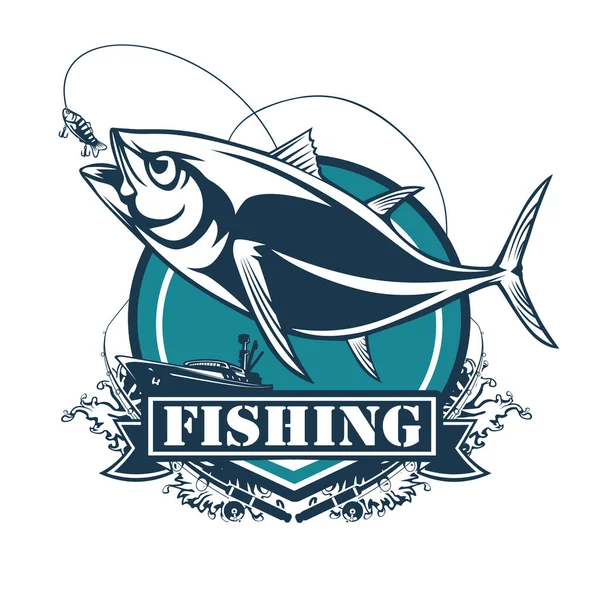 Tuna big fishing logo illustration. Tuna fish fishing vector emblem. Blue fin fish marine theme. Angry fish.