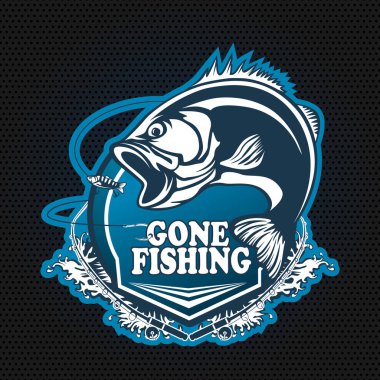 Fishing bass logo. Bass fish with rod club emblem. Fishing theme illustration. Fish Isolated on white.