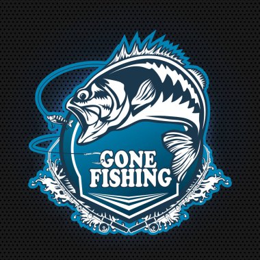Fishing bass logo. Bass fish with rod club emblem. Fishing theme illustration. Fish Isolated on white.