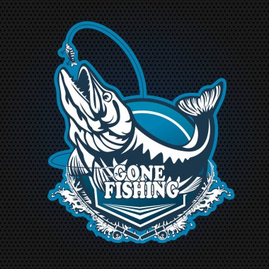 Pike fishing emblem. Pike fish logo vector. Outdoor fishing background theme. Angry fish logo.