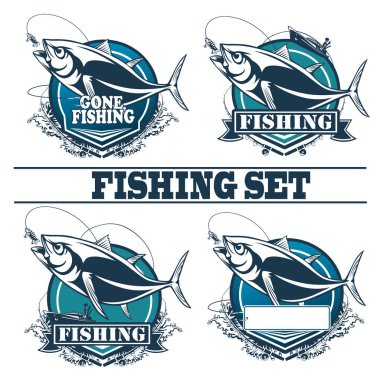 Tuna big fishing logo illustration. Tuna fish fishing vector emblem. Blue fin fish marine theme. Angry fish.