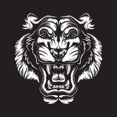 Tiger angry face tattoo. Vector illustration of big cat head. Tiger angry logo. Safari animal.